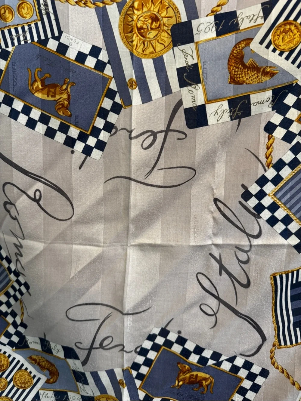 Fendi Beige, Navy & Gold Chain Motif Silk Scarf - Picture 6 of 10